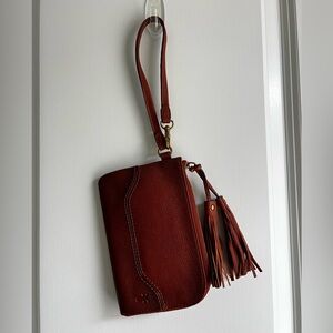 Frye Paige Cognac Brown Leather Wristlet Clutch with Tassels